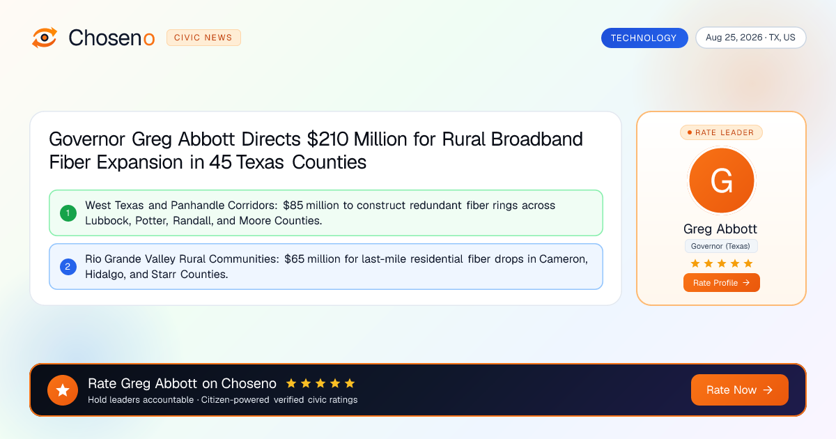 Governor Greg Abbott Directs $210 Million for Rural Broadband Fiber Expansion in 45 Texas Counties