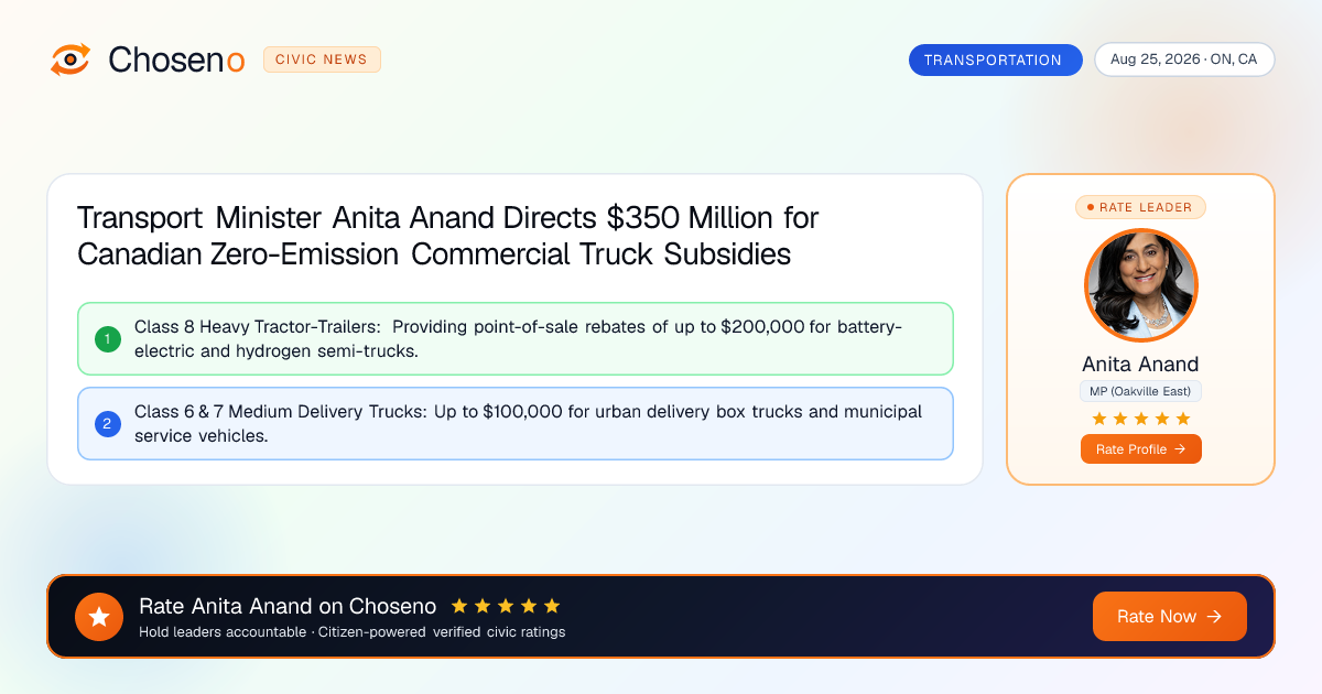Visual summary for Transport Minister Anita Anand Directs $350 Million for Canadian Zero-Emission Commercial Truck Subsidies