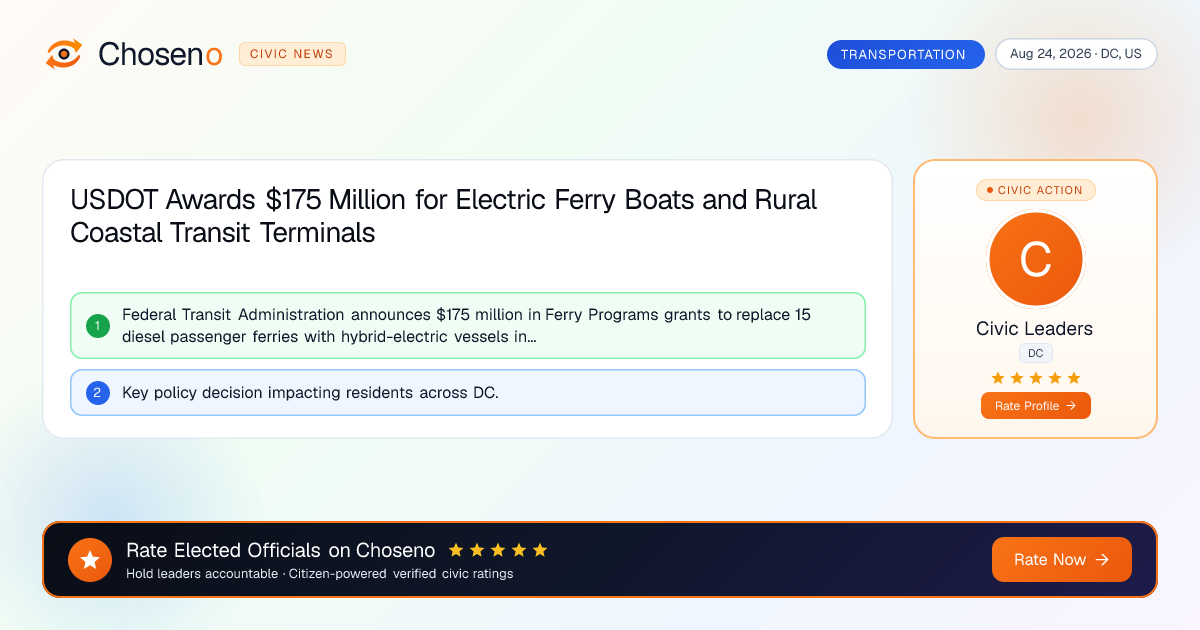 USDOT Awards $175 Million for Electric Ferry Boats and Rural Coastal Transit Terminals