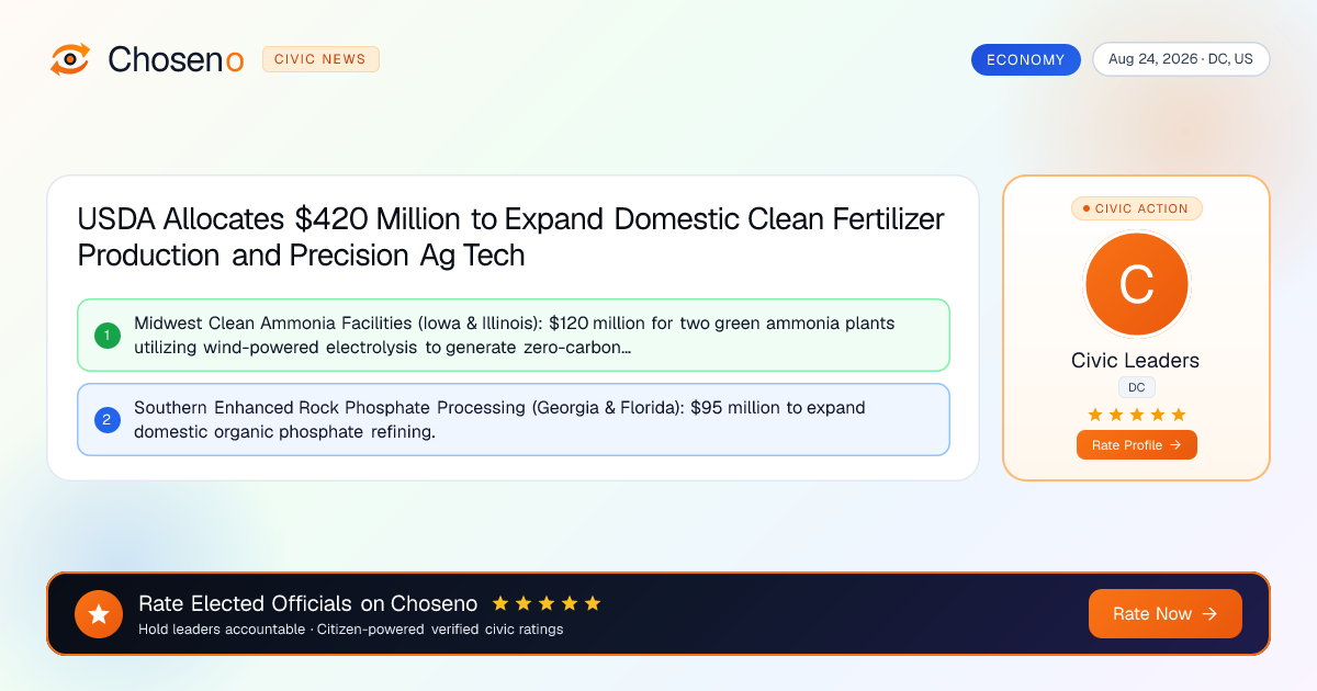 Visual summary for USDA Allocates $420 Million to Expand Domestic Clean Fertilizer Production and Precision Ag Tech