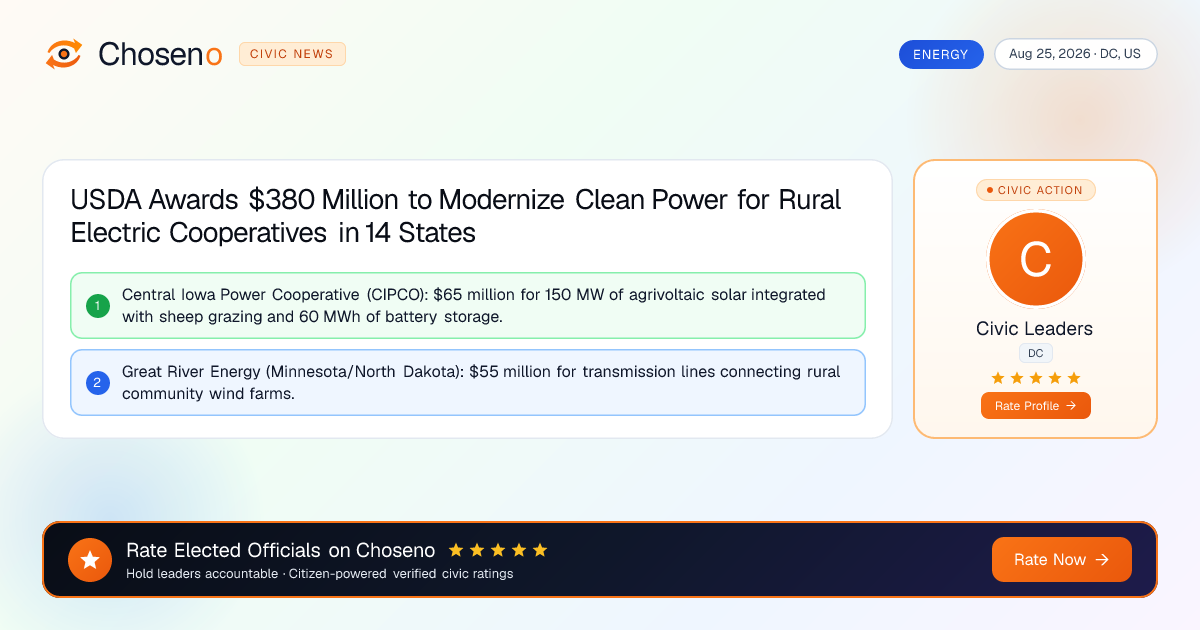 USDA Awards $380 Million to Modernize Clean Power for Rural Electric Cooperatives in 14 States